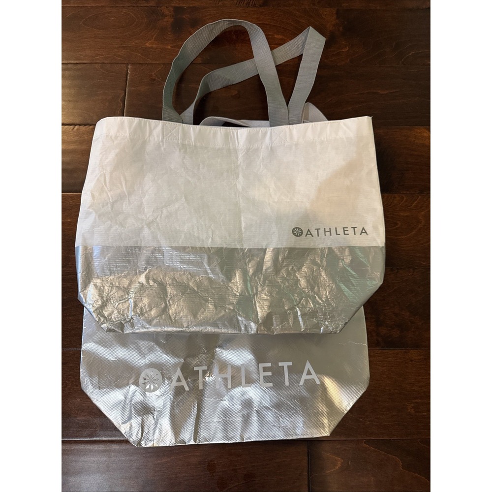2 Athleta Large Shopping Reusable‎ Tote Bag White Silver Metallic Grey